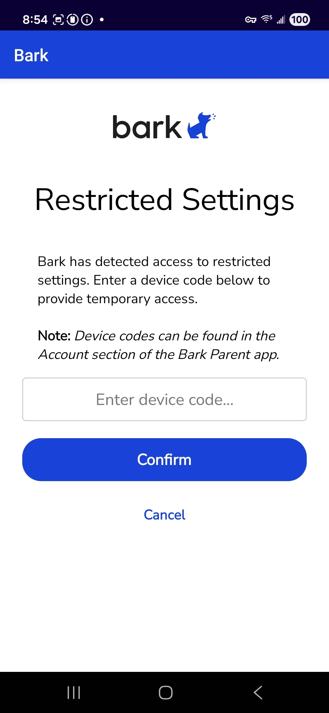 Bark settings protection code prompt on child's phone