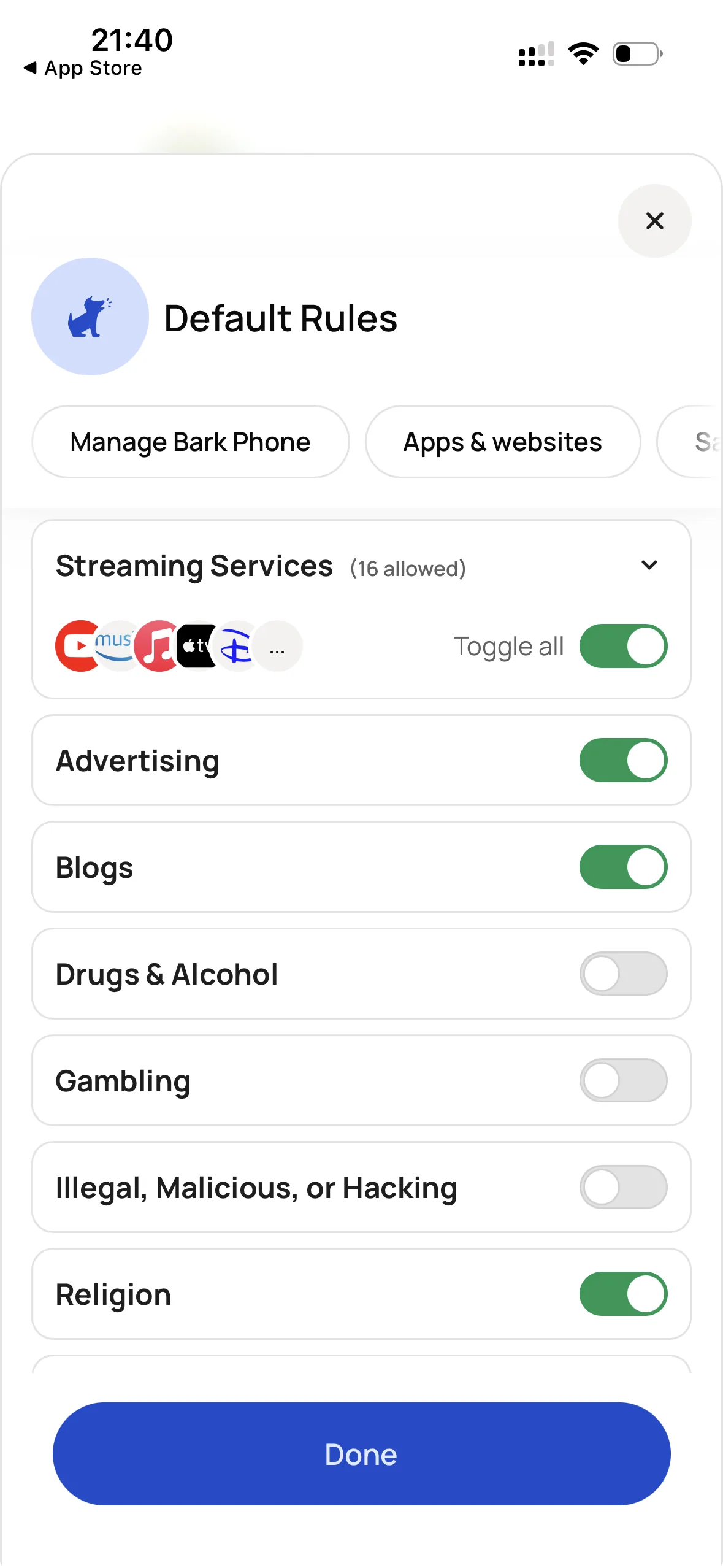 Bark content filtering showing advertising category