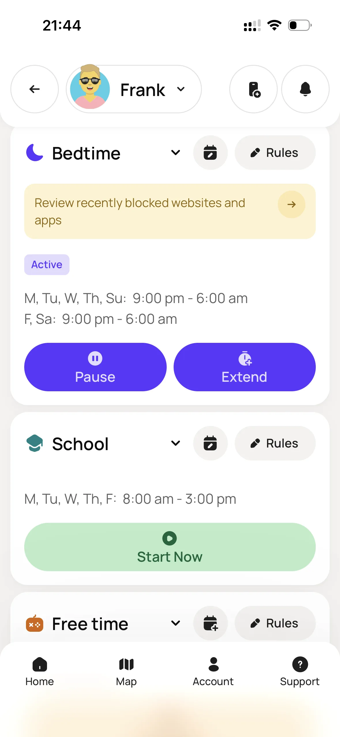 Bark Schedule Rules showing School Time, Bedtime, and Free Time settings