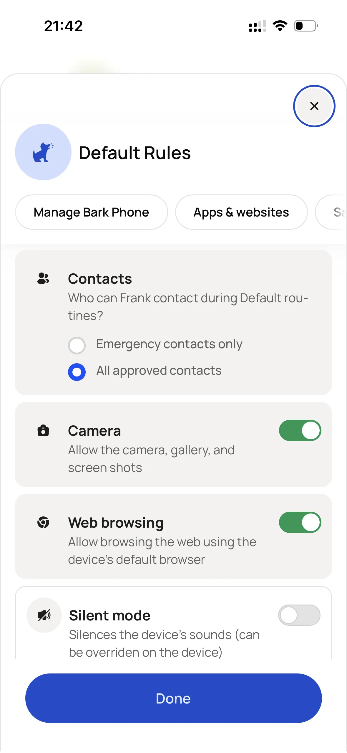 Camera settings toggle in Bark Parents App