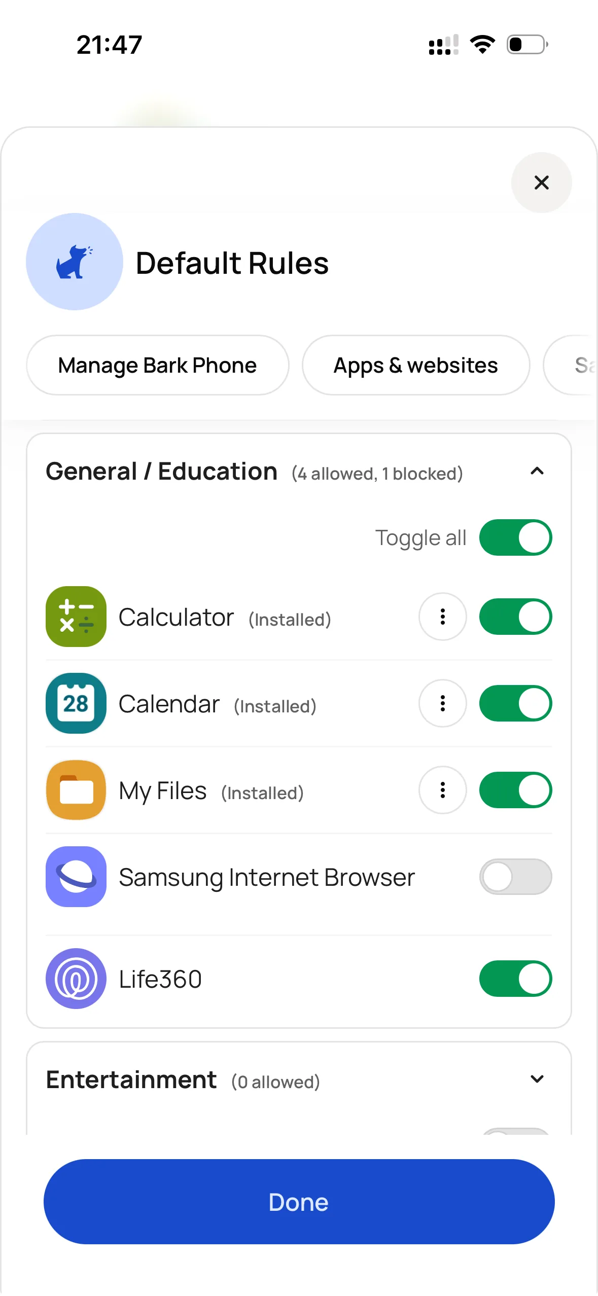 Apps list showing Chrome and Samsung Internet browser options