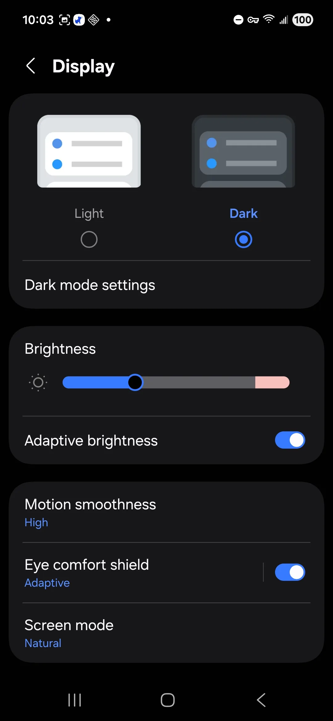 Display settings showing Screen mode, Eye comfort shield, and Dark mode options