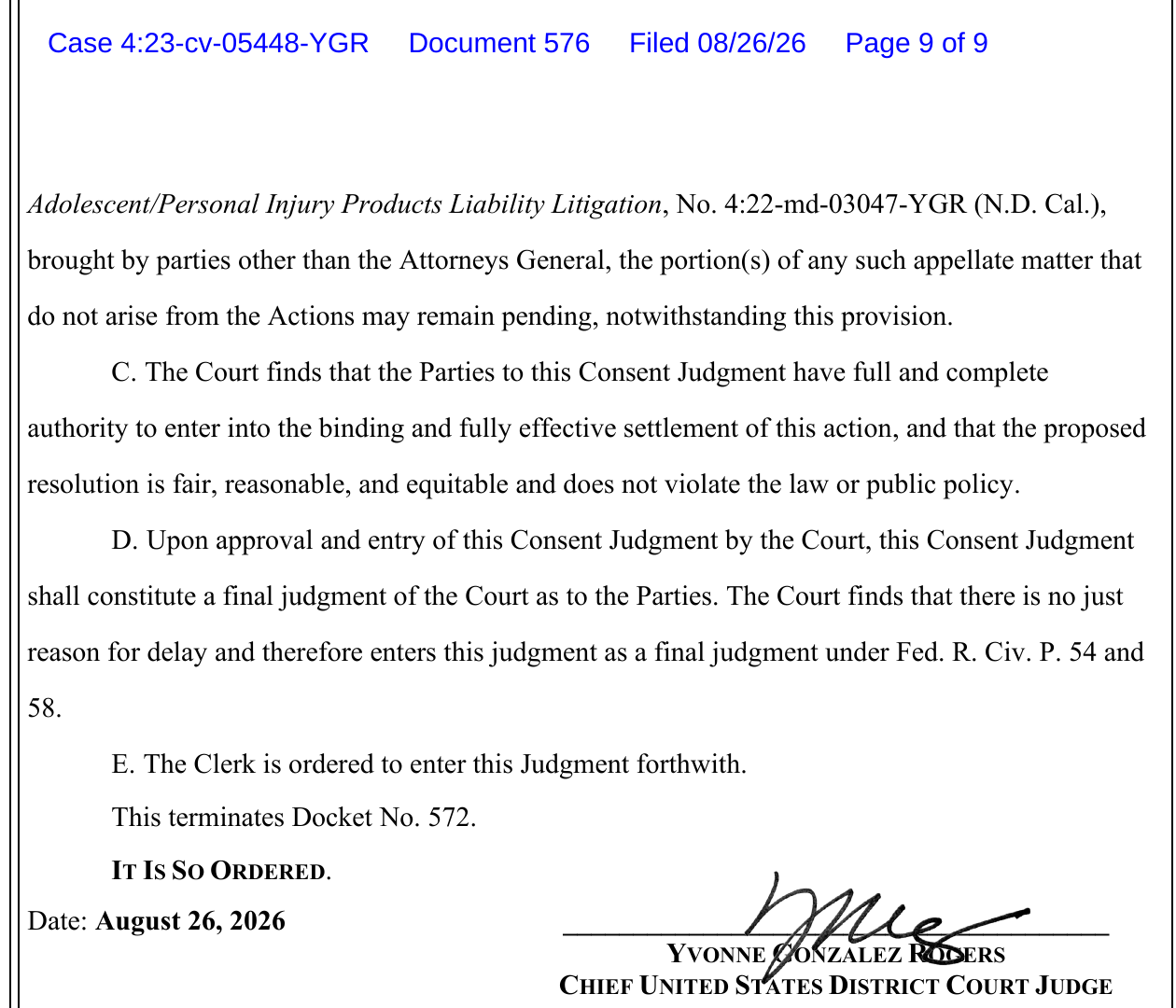 Court page entering Document 576 as a final judgment